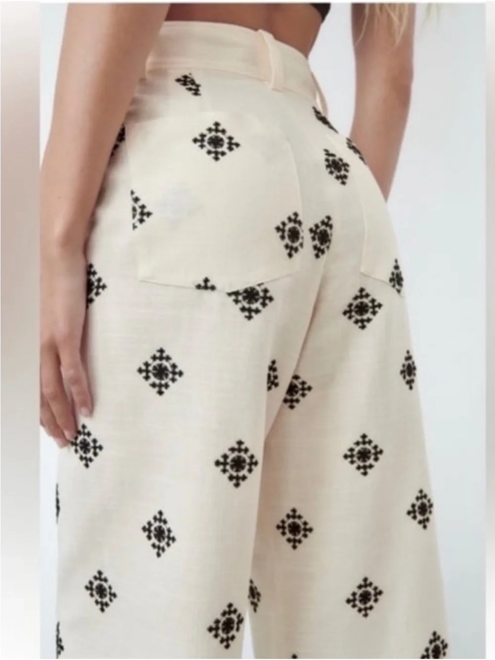 ZARA LINEN BLEND EMBROIDERED PANTS Ivory/ Black Size Large